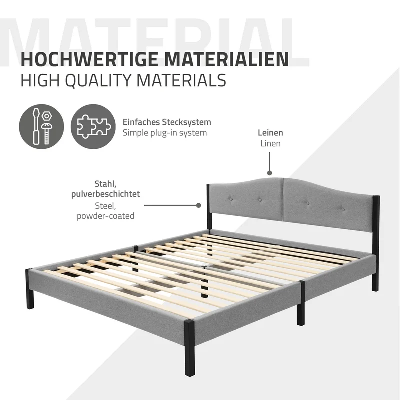 Polsterbett 160x200 cm, Grau, Doppelbett mit stabilem Bettgestell, Bett mit gepolstertes Kopfteil & Lattenrost, Jugendbett ML-Design