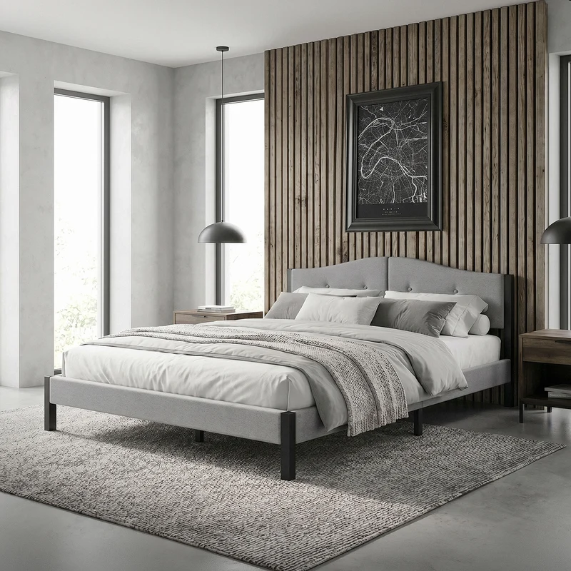 Polsterbett 160x200 cm, Grau, Doppelbett mit stabilem Bettgestell, Bett mit gepolstertes Kopfteil & Lattenrost, Jugendbett ML-Design