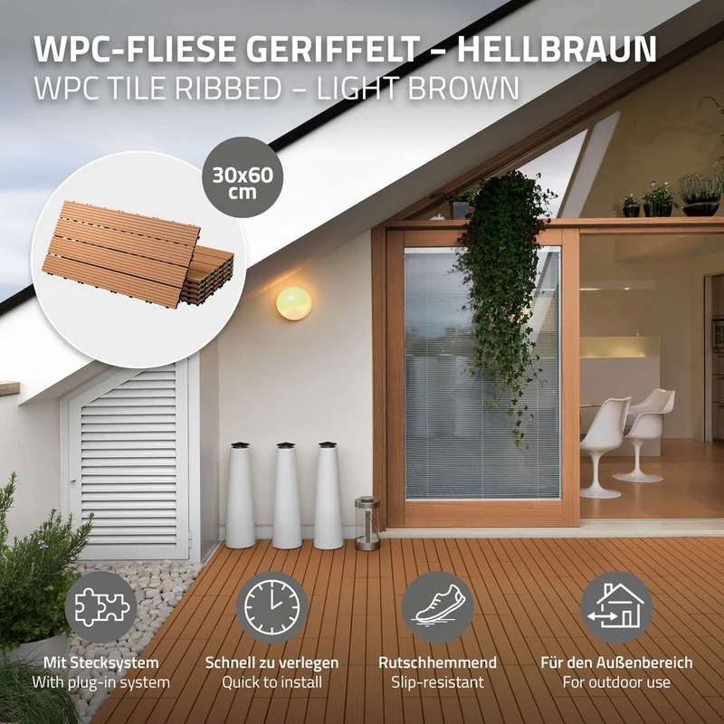 5m² 30 Stück WPC Terrassenfliesen 60x30 cm Hellbraun in Holzoptik Balkon Bodenbelag mit Drainage und Klicksystem Terrassendielen Balkonfliesen