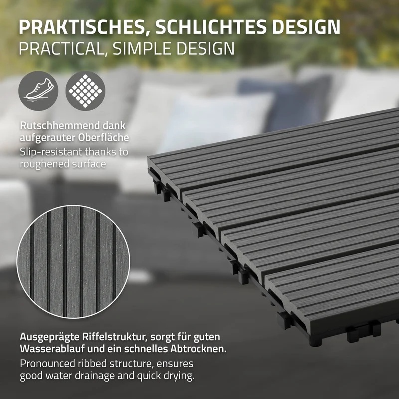 1m² 11 Stück WPC Terrassenfliesen 30x30 cm Anthrazit in Holzoptik Balkon Bodenbelag mit Drainage und Klicksystem Terrassendielen Balkonfliesen