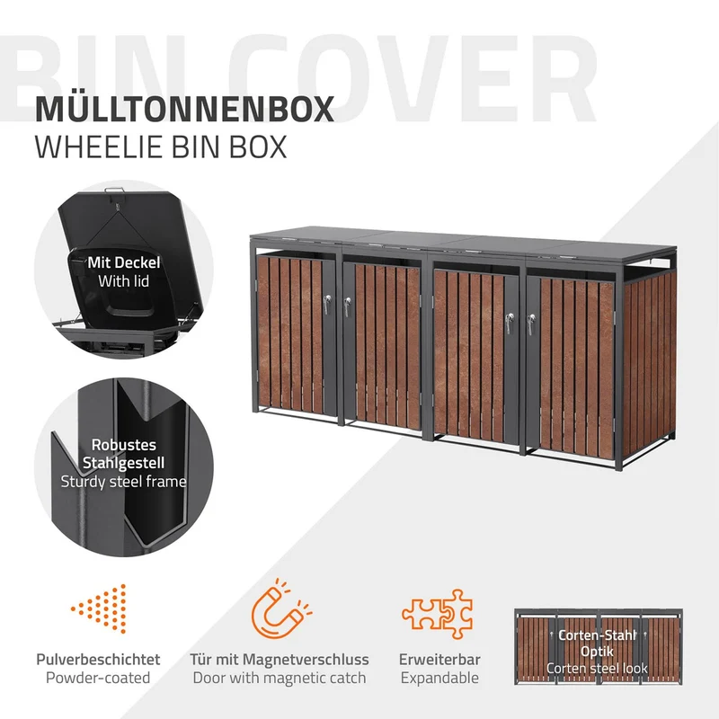 Mülltonnenbox 4er bis 240L 264x80x120 cm aus Stahl in Rostoptik ML-Design