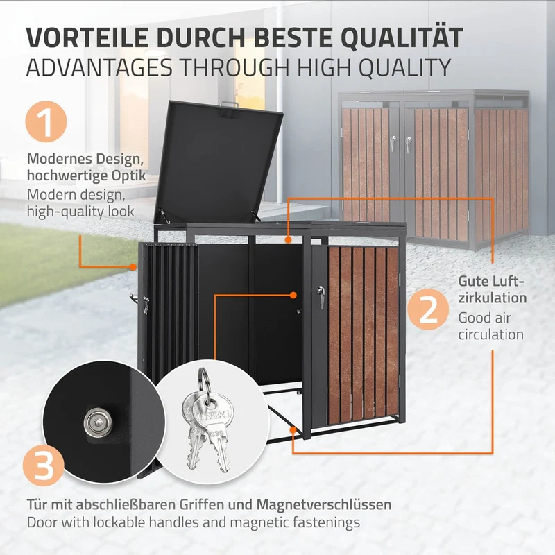Mülltonnenbox 4er bis 240L 264x80x120 cm aus Stahl in Rostoptik ML-Design
