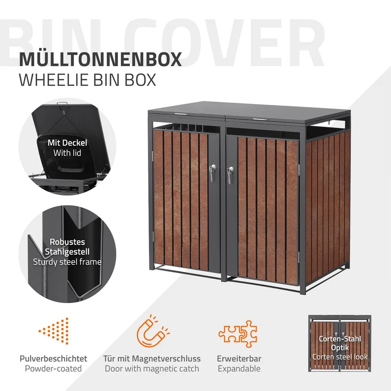 Mülltonnenbox 2er bis 240L 132x80x120 cm aus Stahl Rostoptik ML-Design