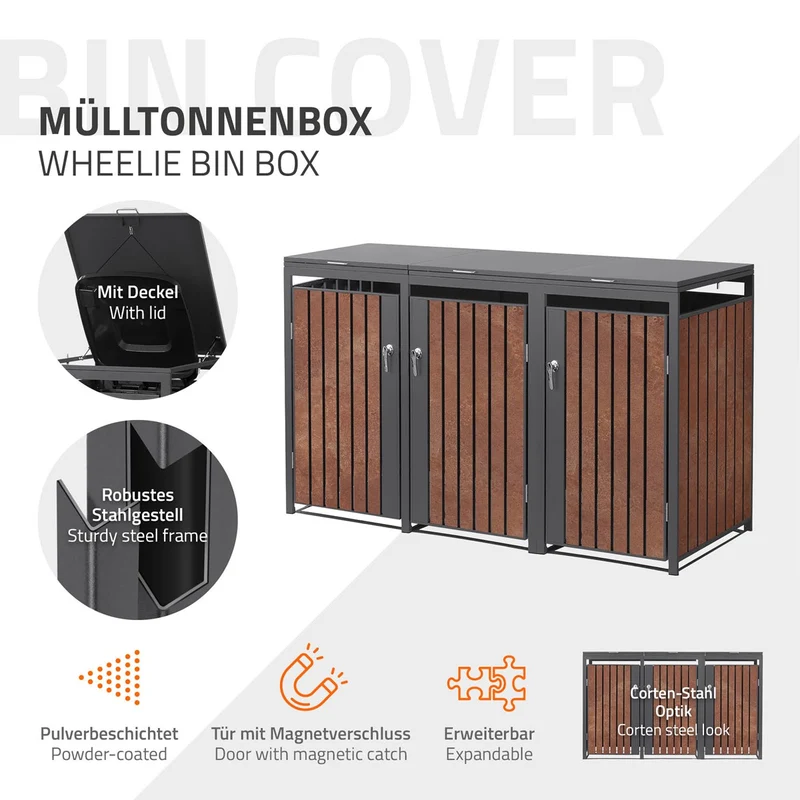 Mülltonnenbox 3er bis 240L 200x80x120 cm aus Stahl in Rostoptik ML-Design