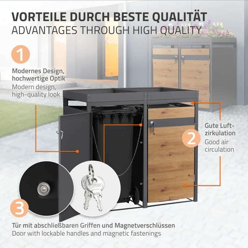 Mülltonnenbox mit Pflanzdach 2er bis 240L 132x80x124 cm aus Stahl in Eichenoptik ML-Design