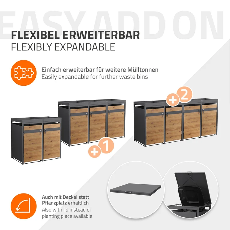 Mülltonnenbox mit Pflanzdach 2er bis 240L 132x80x124 cm aus Stahl in Eichenoptik ML-Design