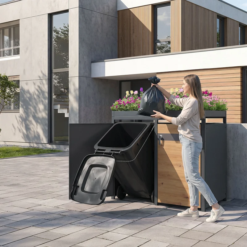 Mülltonnenbox mit Pflanzdach 2er bis 240L 132x80x124 cm aus Stahl in Eichenoptik ML-Design