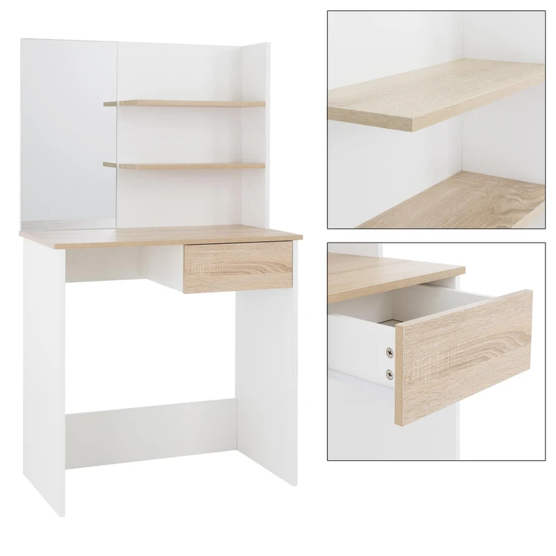 Schminktisch Frisiertisch 75x40x135 cm in Weiß mit Spiegel, Schublade & Ablagen ML-Design