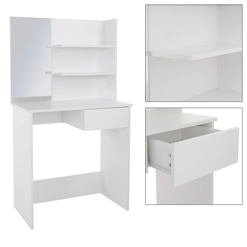 Schminktisch Frisiertisch 75x40x135 cm in Weiß mit Spiegel, Schublade, 3 Ablagen & Hocker ML-Design