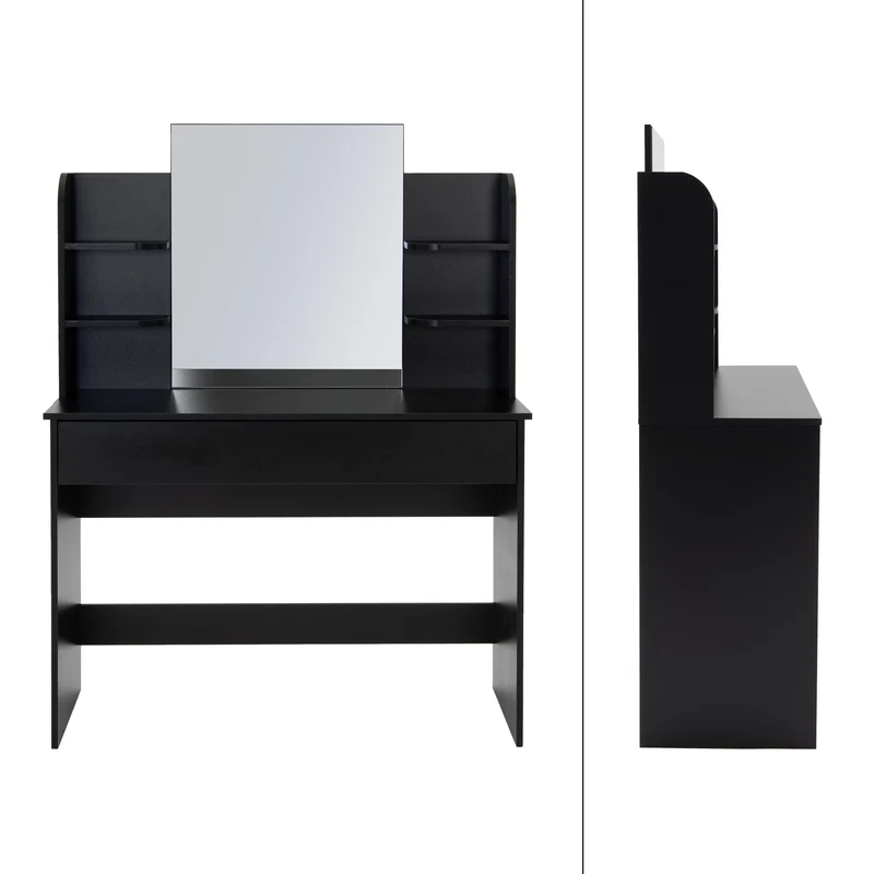 Schminktisch Frisiertisch 108x40x140 cm in Schwarz mit Spiegel, Schublade und Hocker in Weiß ML-Design