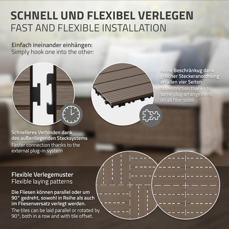 WPC Terrassenfliesen 30x30 cm 33er Set für 3m² Dunkelbraun in Holzoptik Balkon Bodenbelag mit Drainage und Klicksystem Terrassendielen Balkonfliesen