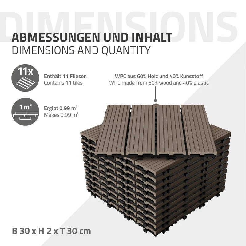 WPC Terrassenfliesen 30x30 cm 33er Set für 3m² Dunkelbraun in Holzoptik Balkon Bodenbelag mit Drainage und Klicksystem Terrassendielen Balkonfliesen