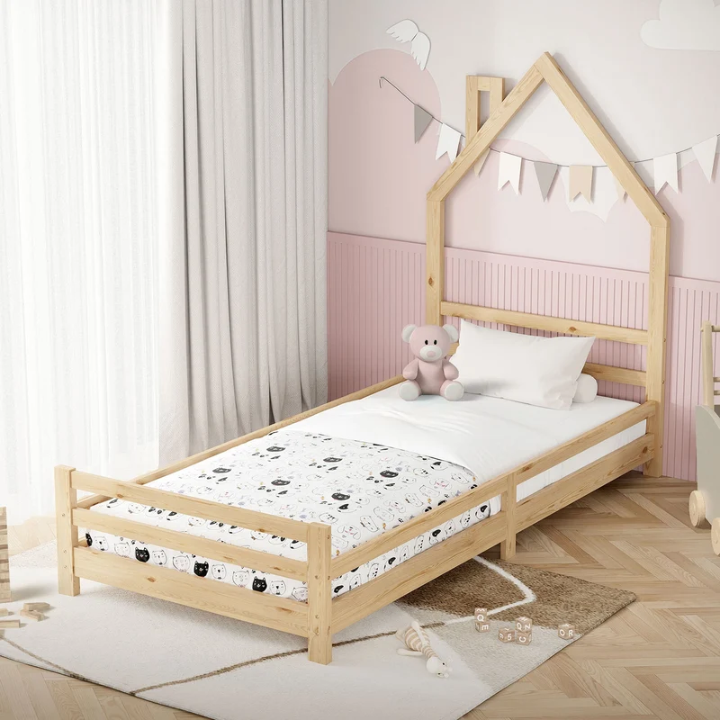 Kinderbett Haus 90x200 cm Natur Hausbett für Kinder Holzbett mit Lattenrost Schornstein Design ML-Design