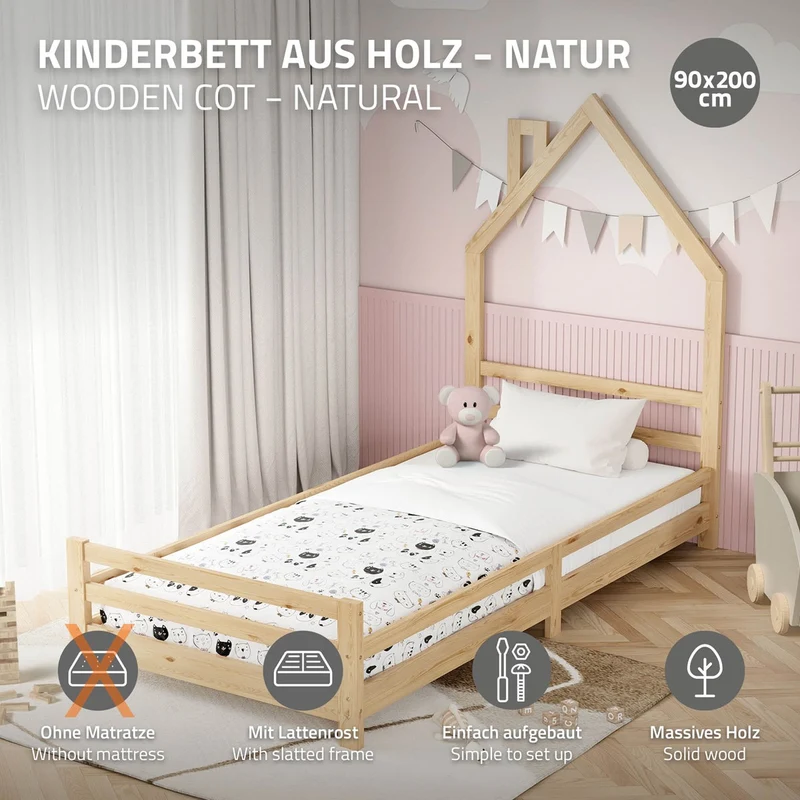 Kinderbett Haus 90x200 cm Natur Hausbett für Kinder Holzbett mit Lattenrost Schornstein Design ML-Design