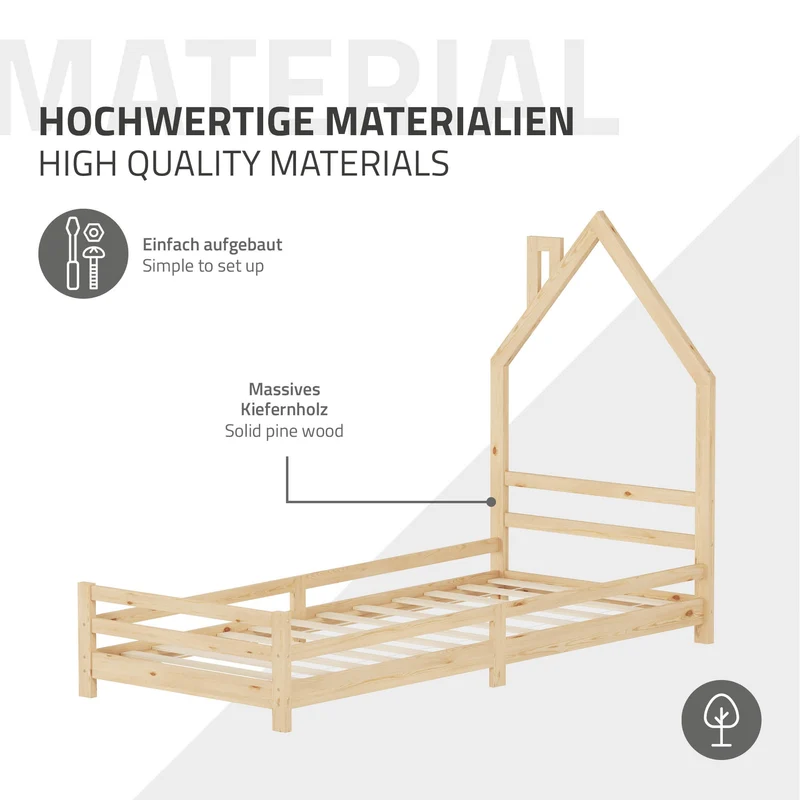 Kinderbett Haus 90x200 cm Natur Hausbett für Kinder Holzbett mit Lattenrost Schornstein Design ML-Design