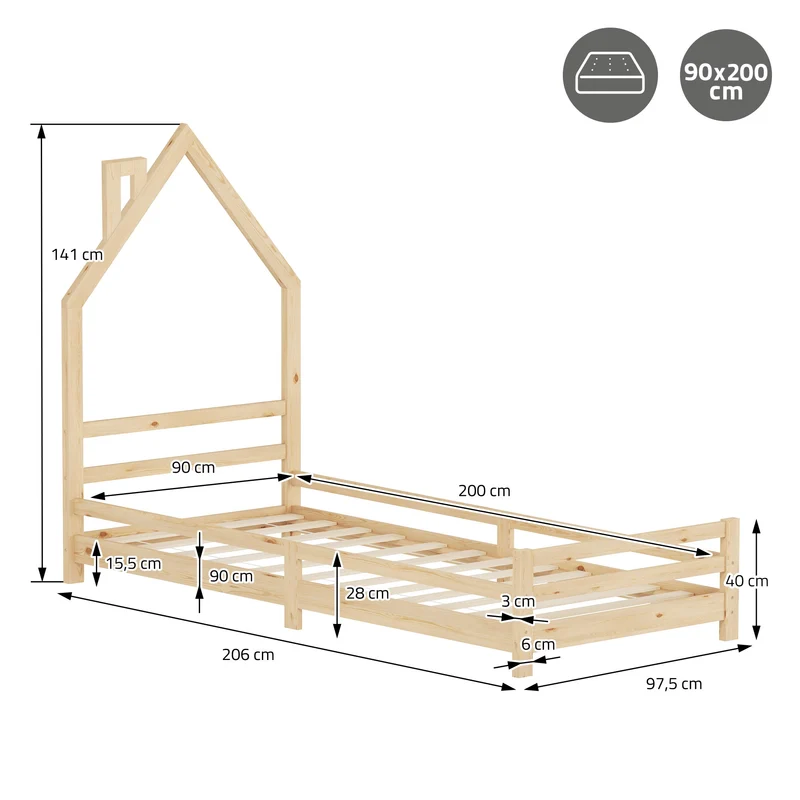 Kinderbett Haus 90x200 cm Natur Hausbett für Kinder Holzbett mit Lattenrost Schornstein Design ML-Design