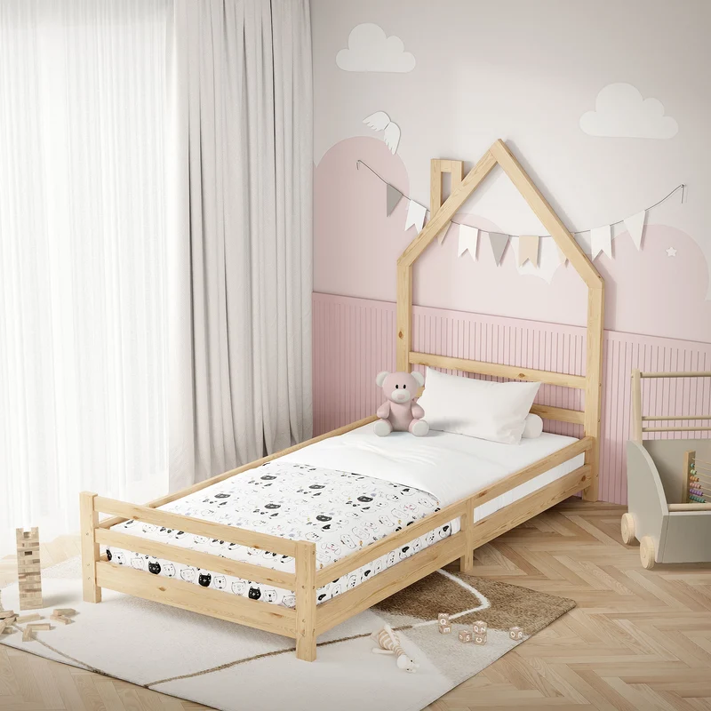Kinderbett Haus 90x200 cm Natur Hausbett für Kinder Holzbett mit Lattenrost Schornstein Design ML-Design