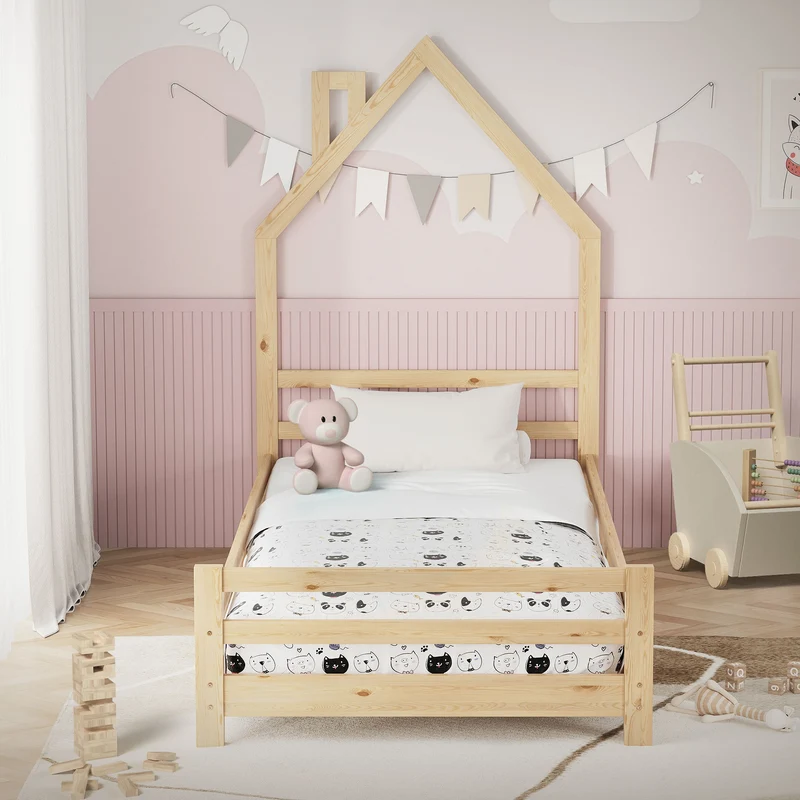 Kinderbett Haus 90x200 cm Natur Hausbett für Kinder Holzbett mit Lattenrost Schornstein Design ML-Design
