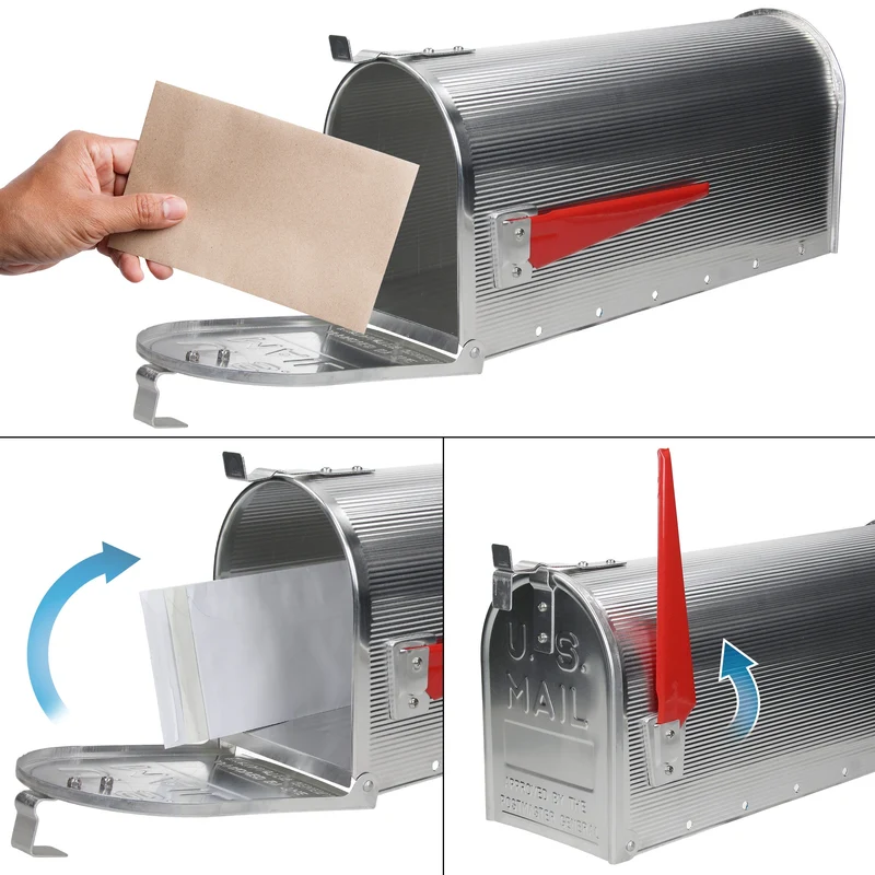 ML-Design US Mailbox mit aufrichtbarer Fahne und Wandhalterung, silber, aus Aluminium