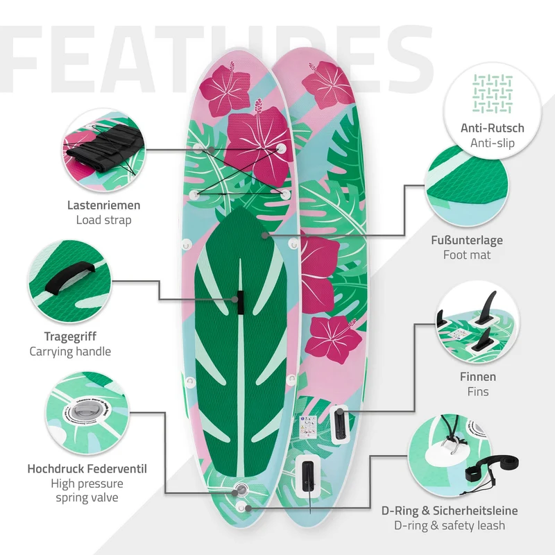 Stand Up Paddle aufblasbares SUP Board Flowers 320x80x15 cm in Mint/Rosa aus PVC inkl. Pumpe und Tragetasche