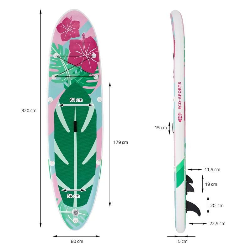 Stand Up Paddle aufblasbares SUP Board Flowers 320x80x15 cm in Mint/Rosa aus PVC inkl. Pumpe und Tragetasche