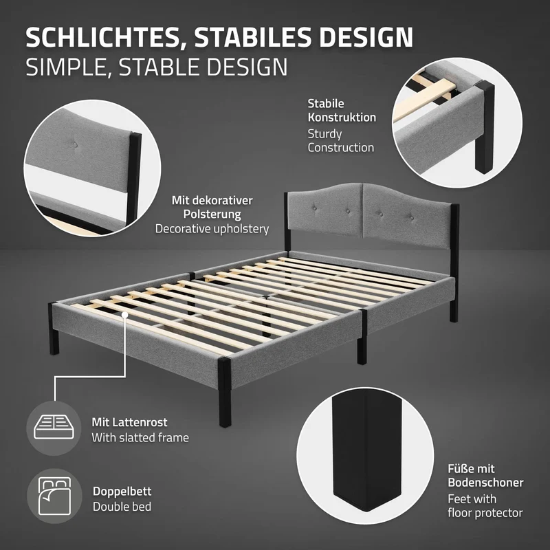 Polsterbett 140x200 cm, Grau, Doppelbett mit stabilem Bettgestell, Bett mit gepolstertes Kopfteil & Lattenrost, Jugendbett ML-Design