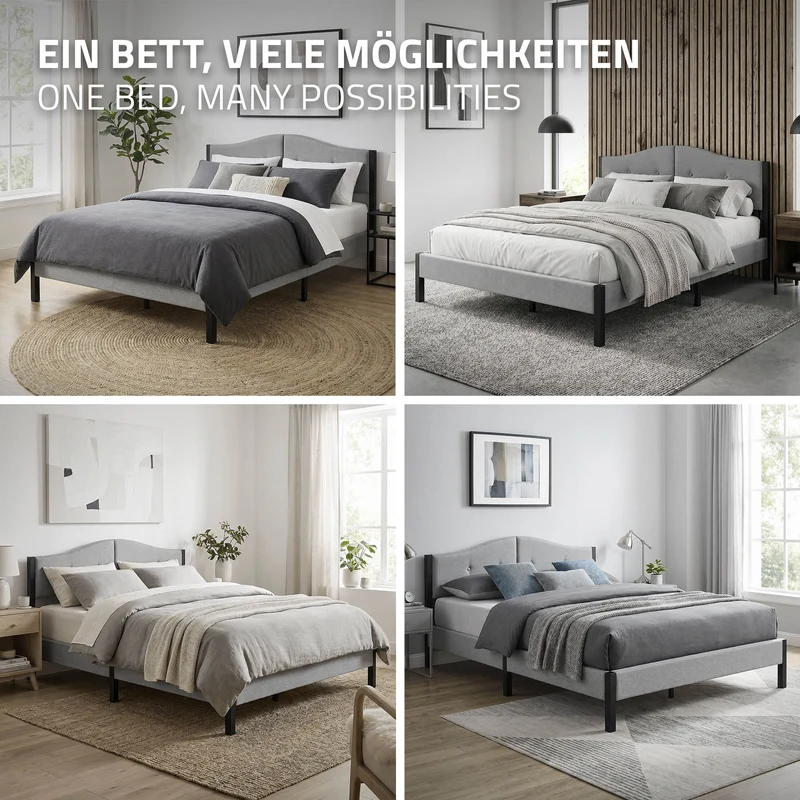 Polsterbett 140x200 cm, Grau, Doppelbett mit stabilem Bettgestell, Bett mit gepolstertes Kopfteil & Lattenrost, Jugendbett ML-Design