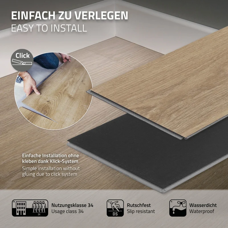 2er Set PVC Vinylboden Bodenbelag 7 Dielen 4,2mm für 1,54m² mit Klick-System Eiche Golden Hour ML-Design