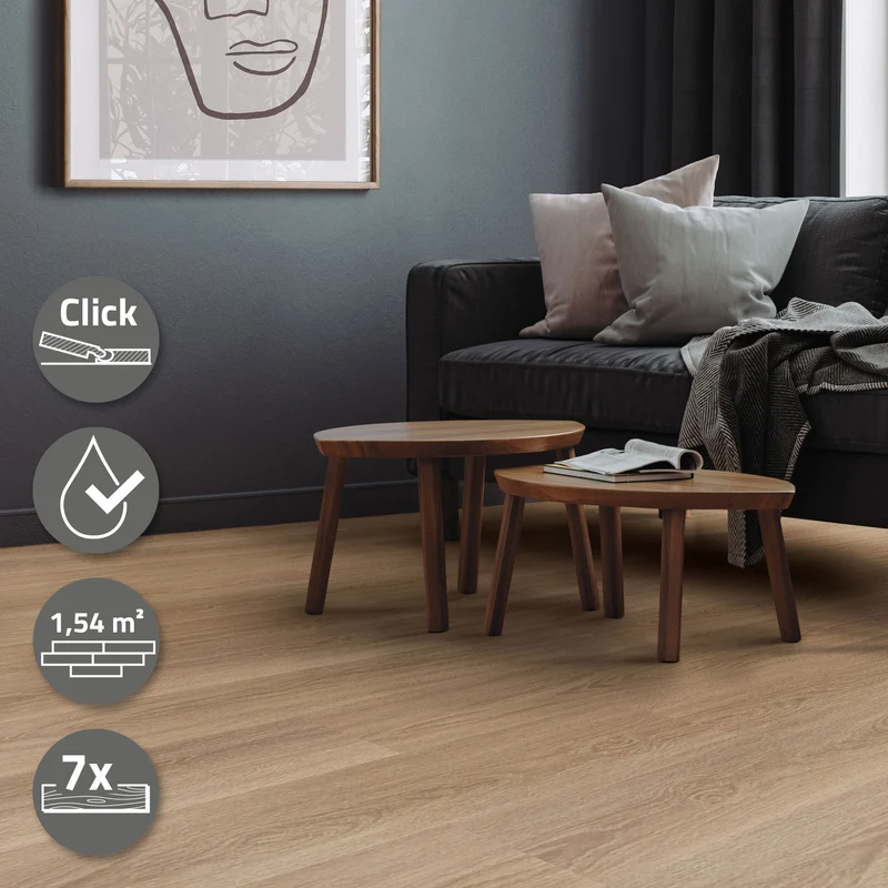 PVC Vinylboden Bodenbelag Set 7 Dielen 4,2mm für 1,54m² mit Klick-System Eiche Golden Hour ML-Design