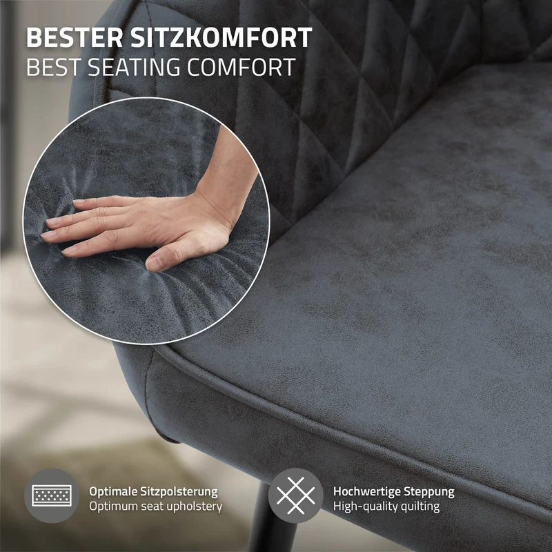Esszimmerstuhl 4er Set Rauten Steppung mit Rücken- und Armlehnen Anthrazit Küchenstuhl mit Kunstleder Bezug ML-Design