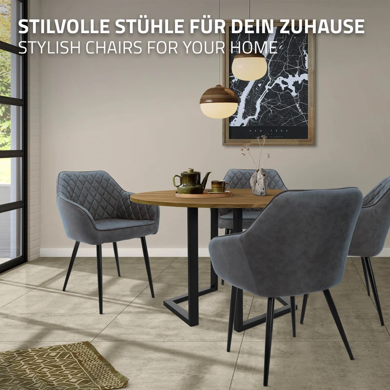 Esszimmerstuhl 4er Set Rauten Steppung mit Rücken- und Armlehnen Anthrazit Küchenstuhl mit Kunstleder Bezug ML-Design