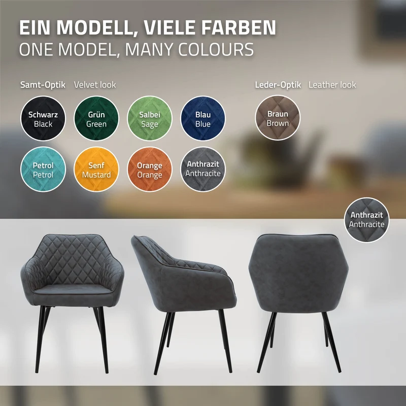 Esszimmerstuhl 4er Set Rauten Steppung mit Rücken- und Armlehnen Anthrazit Küchenstuhl mit Kunstleder Bezug ML-Design