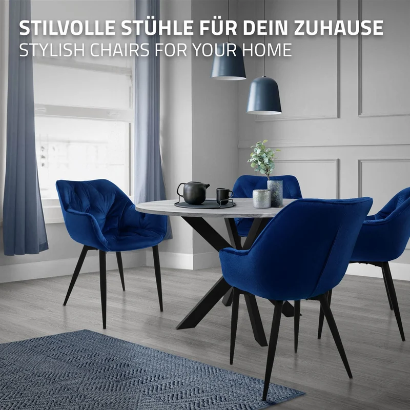 Esszimmerstuhl 6er Set mit Rücken- und Armlehnen Dunkelblau Küchenstuhl mit Microfaser-Samtbezug ML-Design
