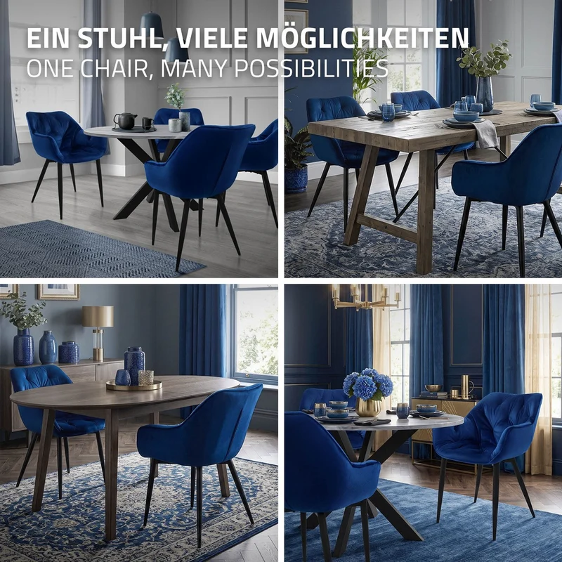 Esszimmerstuhl 6er Set mit Rücken- und Armlehnen Dunkelblau Küchenstuhl mit Microfaser-Samtbezug ML-Design