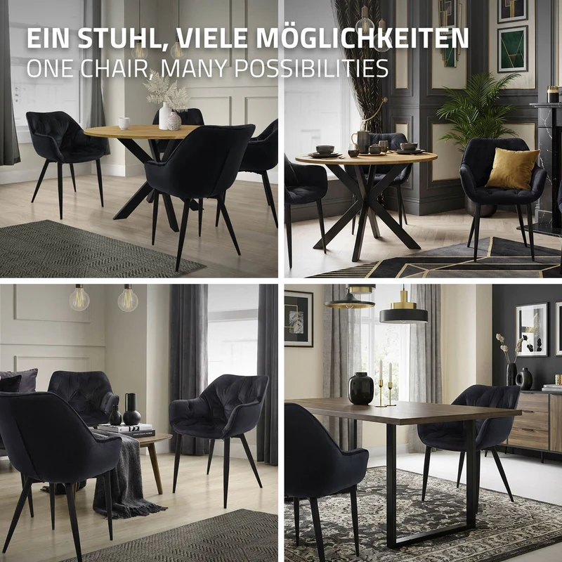 Esszimmerstuhl 6er Set mit Rücken- und Armlehnen Schwarz Küchenstuhl mit Microfaser-Samtbezug ML-Design
