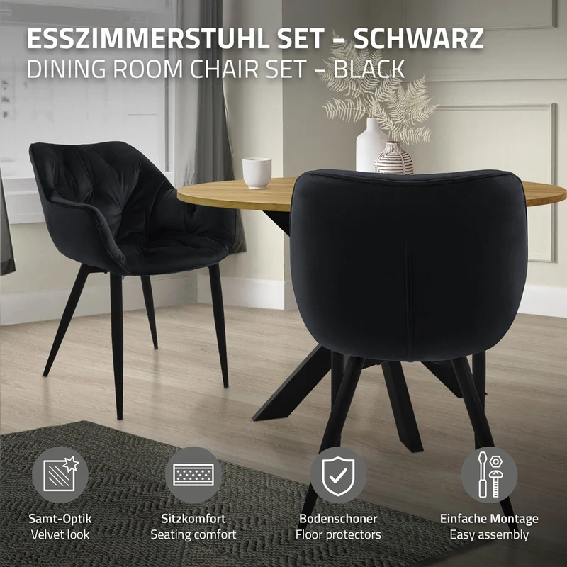 Esszimmerstuhl 4er Set mit Rücken- und Armlehnen Schwarz Küchenstuhl mit Microfaser-Samtbezug ML-Design