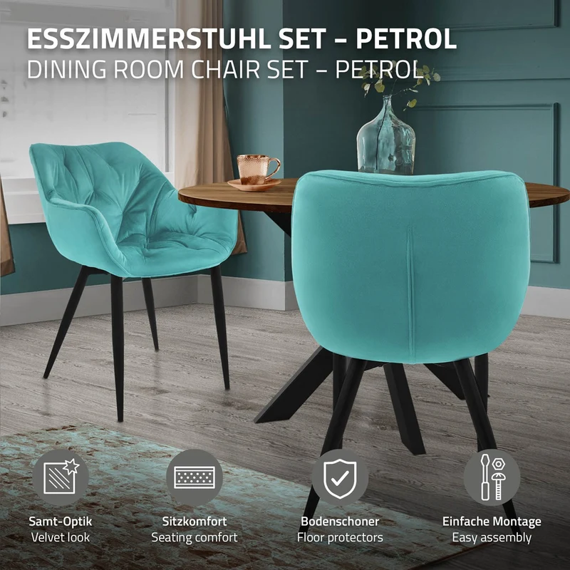 Esszimmerstuhl 6er Set mit Rücken- und Armlehnen Petrol Küchenstuhl mit Microfaser-Samtbezug ML-Design