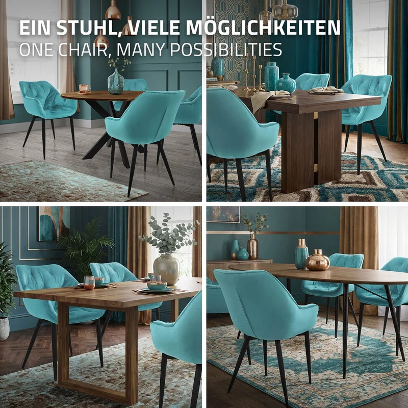Esszimmerstuhl 6er Set mit Rücken- und Armlehnen Petrol Küchenstuhl mit Microfaser-Samtbezug ML-Design