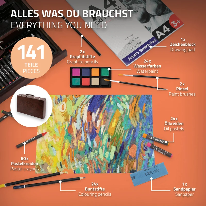 Malkoffer aus Holz 141-Teilig mit Buntstiften, Ölpastellkreide, Aquarellfarben