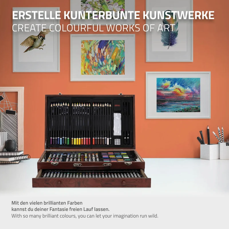 Malkoffer aus Holz 141-Teilig mit Buntstiften, Ölpastellkreide, Aquarellfarben