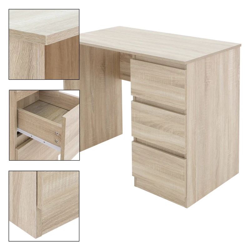 Schreibtisch mit drei Schubladen 90x76x50 cm Sonoma-Eiche aus Holz ML-Design