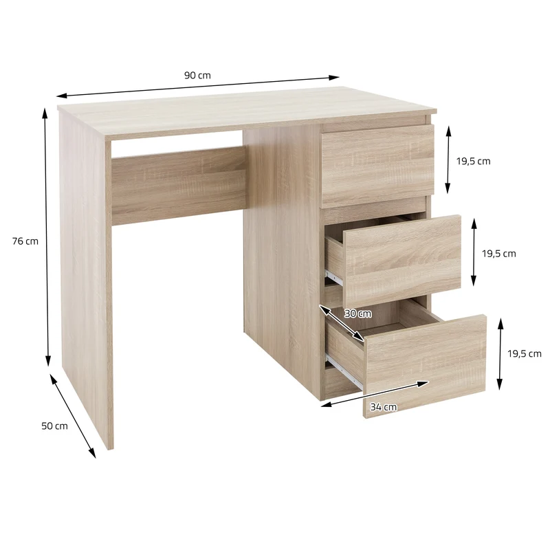 Schreibtisch mit drei Schubladen 90x76x50 cm Sonoma-Eiche aus Holz ML-Design