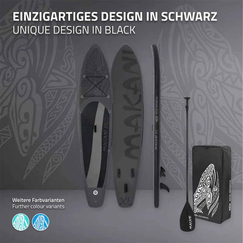 Stand Up Paddle aufblasbares SUP Board Makani XL 380x80x15 cm Schwarz aus PVC inkl. Pumpe und Tragetasche