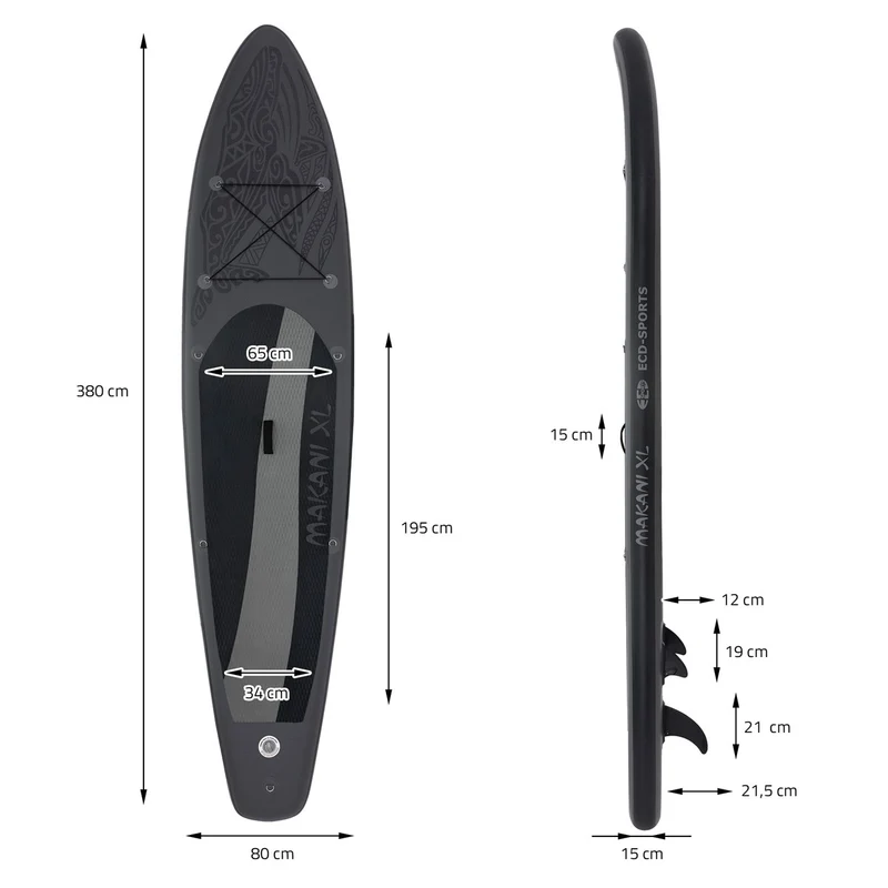 Stand Up Paddle aufblasbares SUP Board Makani XL 380x80x15 cm Schwarz aus PVC inkl. Pumpe und Tragetasche