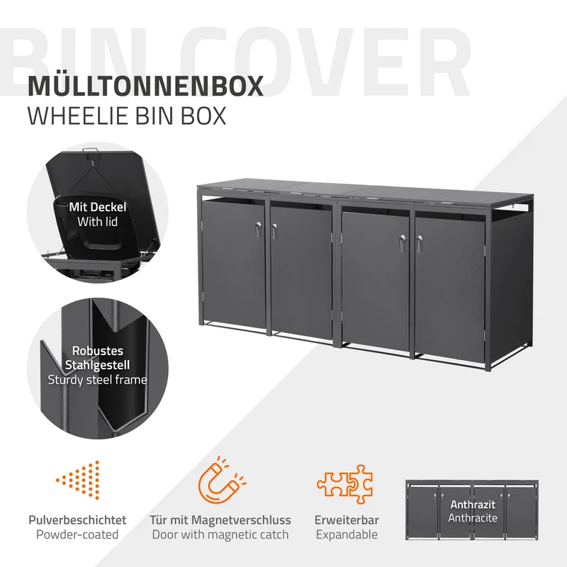 Mülltonnenbox 4er bis 240L 264x80x120 cm aus Stahl in Anthrazit ML-Design