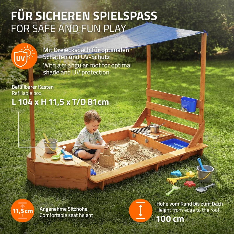 Sandkasten mit Dach 101x163 cm, aus Massivholz, Sandbox für Kinder mit Matschküche, Boots-/Schiffsdesign, UV Sonnenschutz ML-Design