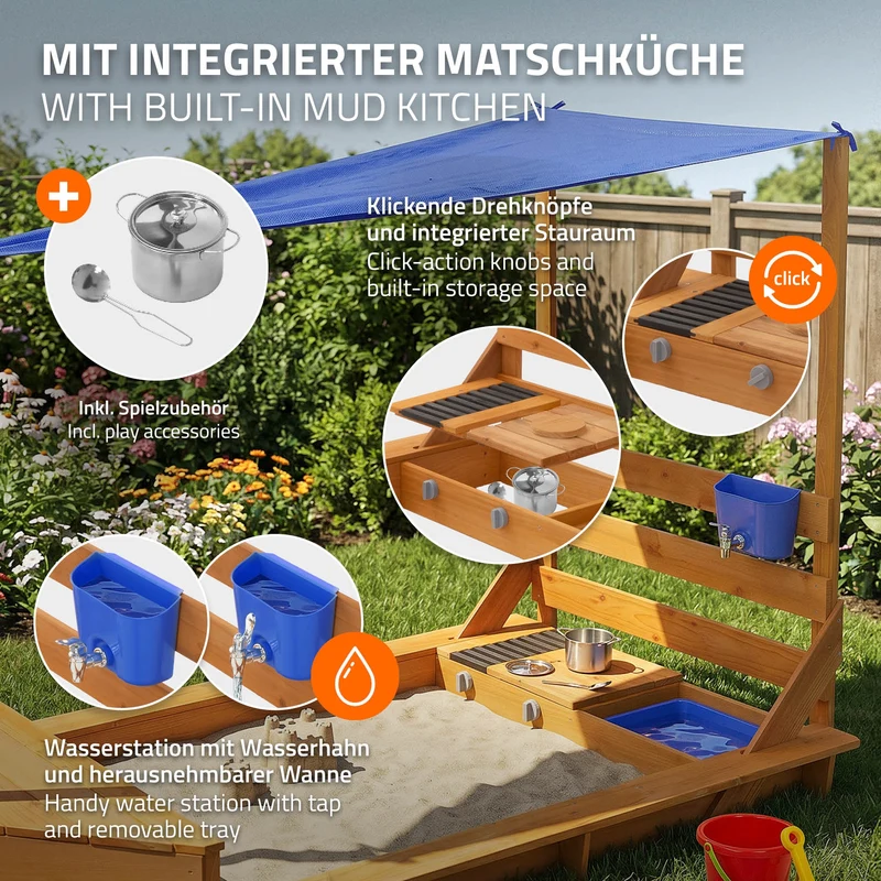 Sandkasten mit Dach 101x163 cm, aus Massivholz, Sandbox für Kinder mit Matschküche, Boots-/Schiffsdesign, UV Sonnenschutz ML-Design