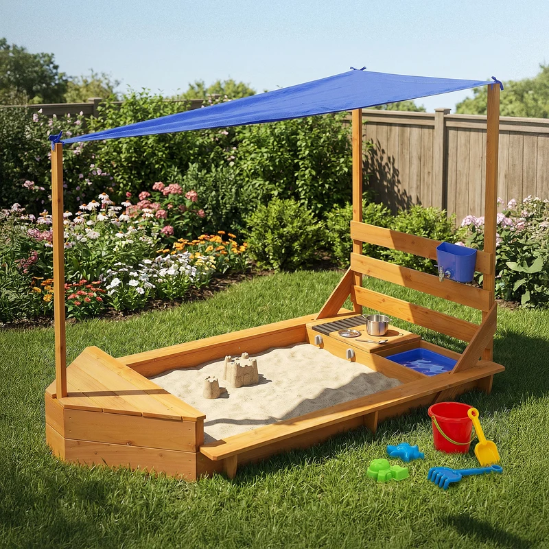 Sandkasten mit Dach 101x163 cm, aus Massivholz, Sandbox für Kinder mit Matschküche, Boots-/Schiffsdesign, UV Sonnenschutz ML-Design