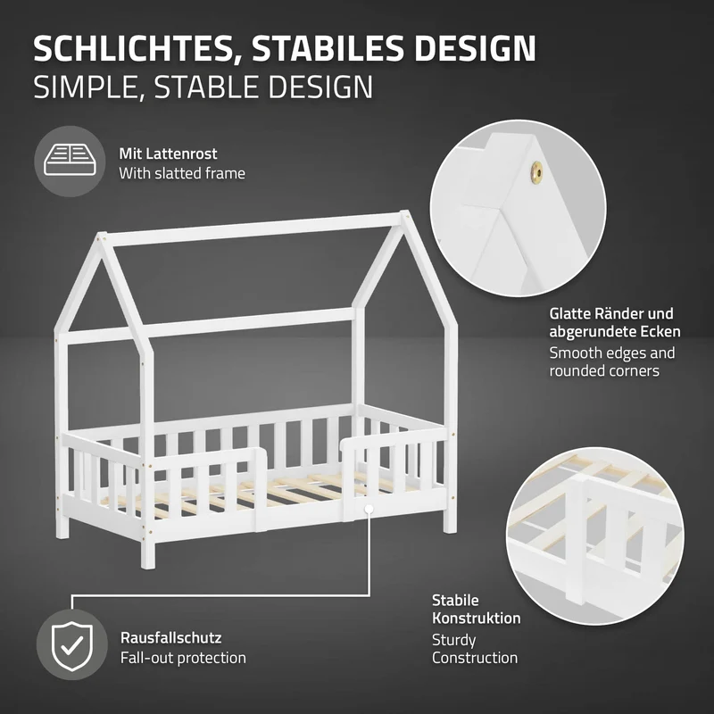 Kinderbett Hausbett 70x140 cm Weiß aus Kiefernholz inkl. Matratze H-10cm Rausfallschutz Dach und Lattenrost ML-Design