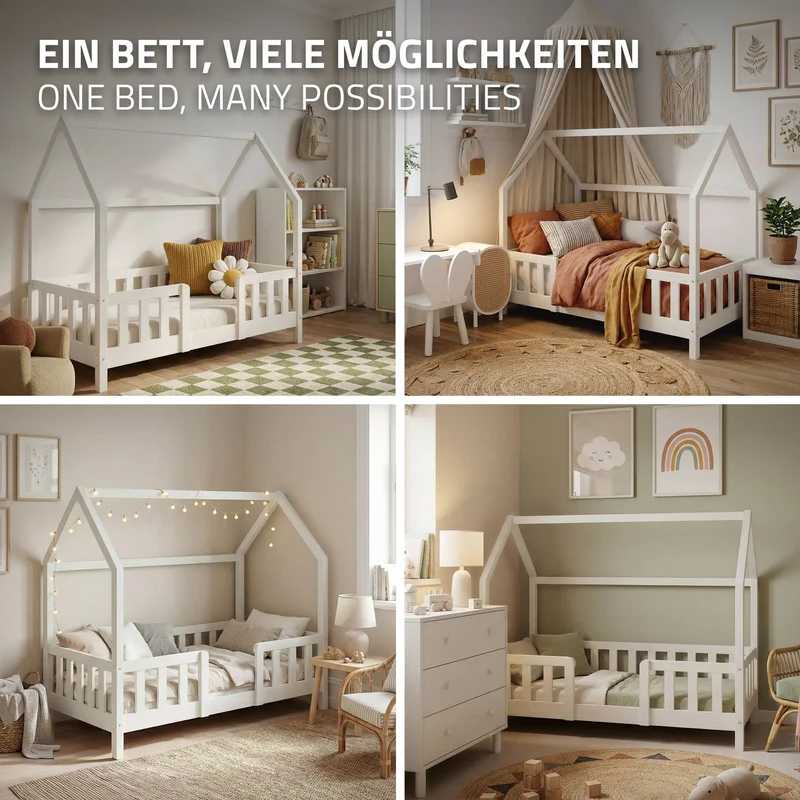 Kinderbett Hausbett 70x140 cm Weiß aus Kiefernholz inkl. Matratze H-10cm Rausfallschutz Dach und Lattenrost ML-Design